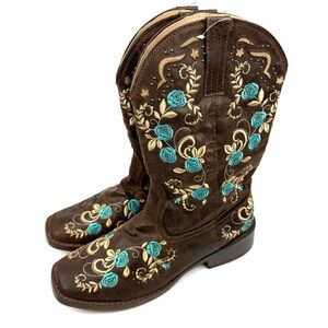 Roper Boots 9.5 Embroidered Brown Faux Leather Pull On Bootie‎ Womens New